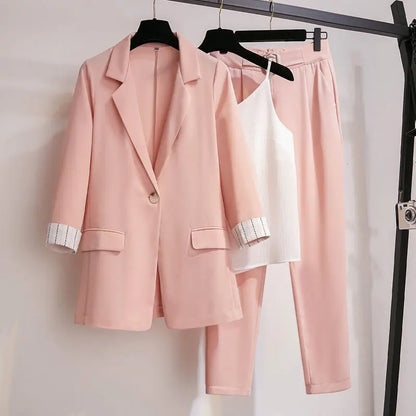 2025 spring new plus size Korean elegant women's suit female blazer leisure pants Tweed suit jacket three piece jacket pants set