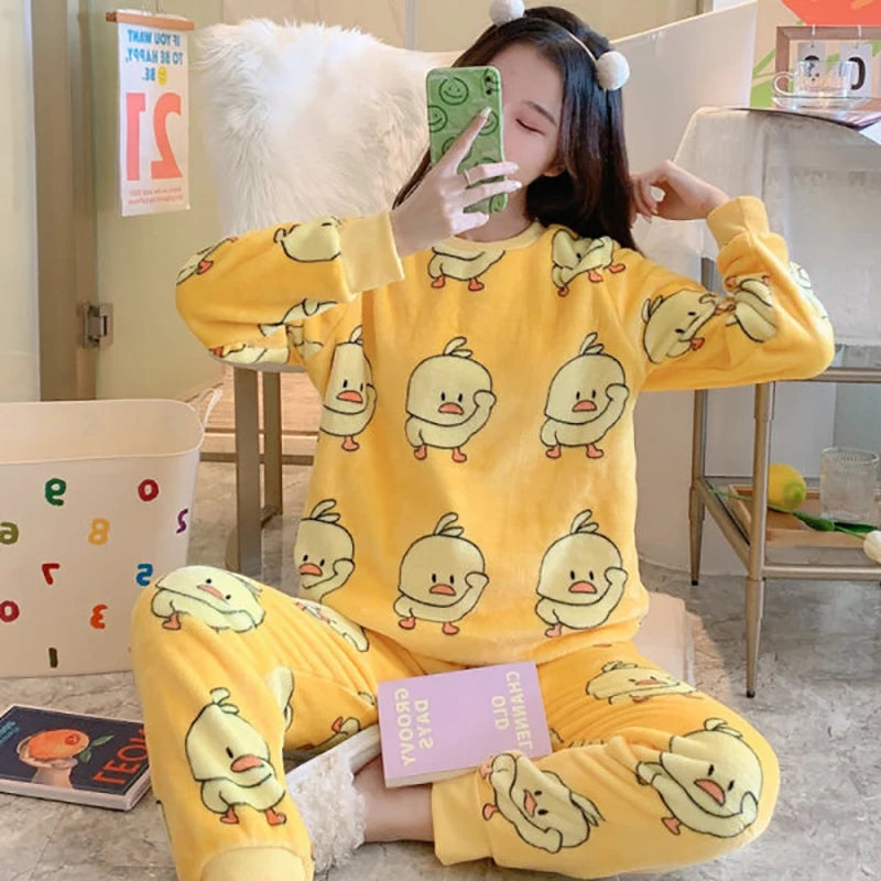 Women's Winter Pajamas Set Fleece Casual Solid Top Thick Warm Sleepwear and Plaid Pants Soft Pijamas Set for Women Home Suit