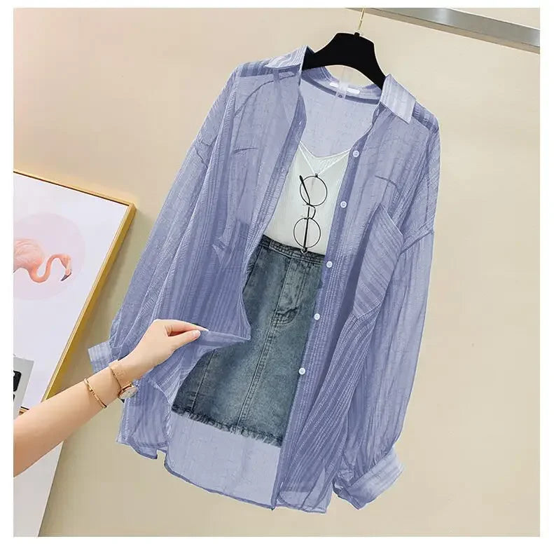 Shirts Women Sheer Thin Chic Summer Simple Solid Sun-proof Temper Fashion Baggy All-match Basic Korean Style Clothes