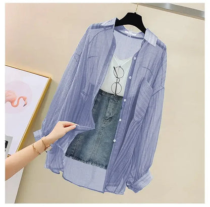 Shirts Women Sheer Thin Chic Summer Simple Solid Sun-proof Temper Fashion Baggy All-match Basic Korean Style Clothes