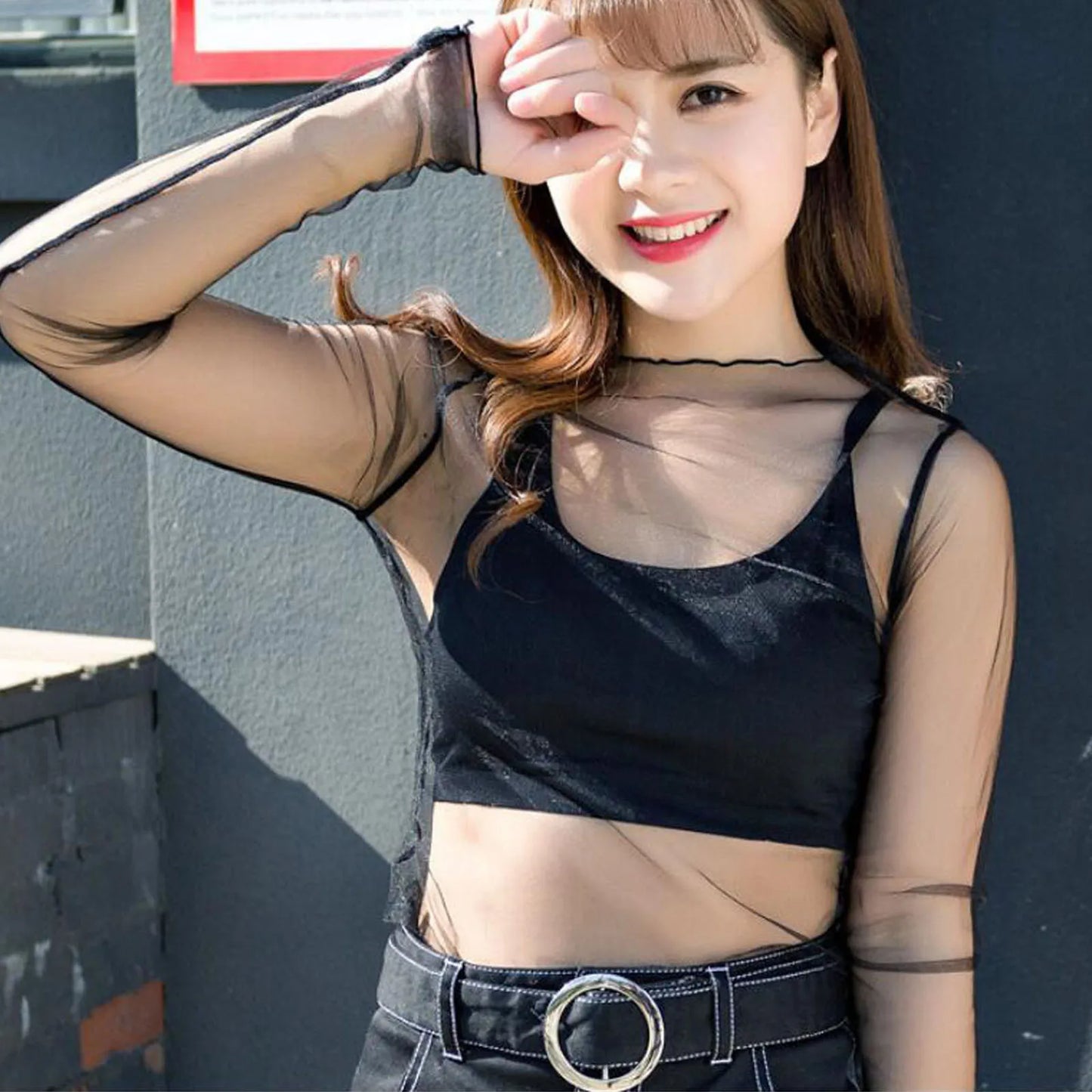 Women Daisy Print Lace Sheer Tops Sexy Tees Long Sleeve Thin Mesh Shirts Fashion Ladies Top 2025 Summer Sunscreen Blouse