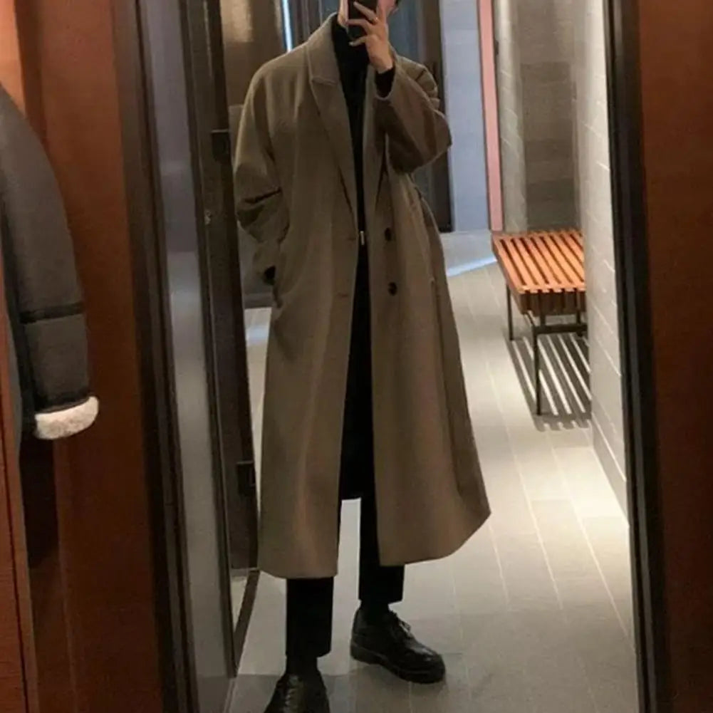 Korean Trend Men's Loose Casual Single-breasted Overcoat Autumn Winter Fashion New Long Sleeve Woolen Long Coat