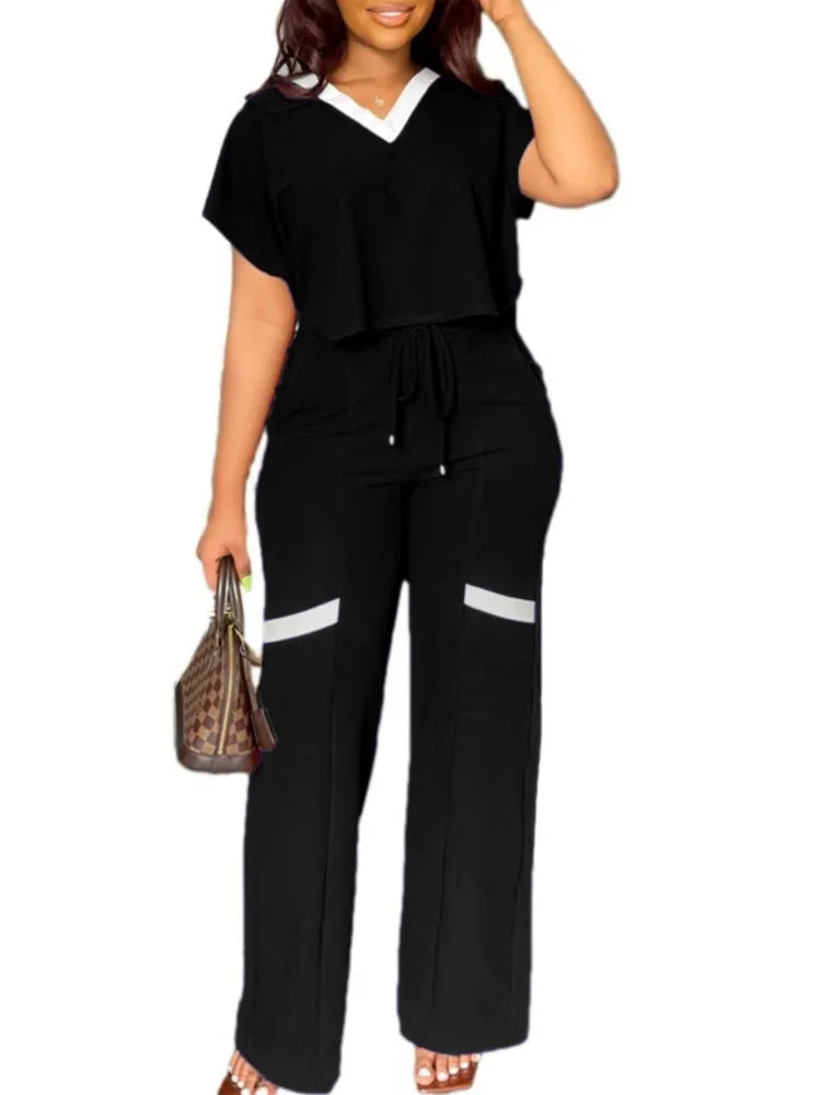 Elegant Women's Casual Short Sleeve T-shirt Sports Suit Summer Fashion Solid V Neck Short Top & Straight Pants Two Piece Sets