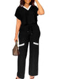 Elegant Women's Casual Short Sleeve T-shirt Sports Suit Summer Fashion Solid V Neck Short Top & Straight Pants Two Piece Sets