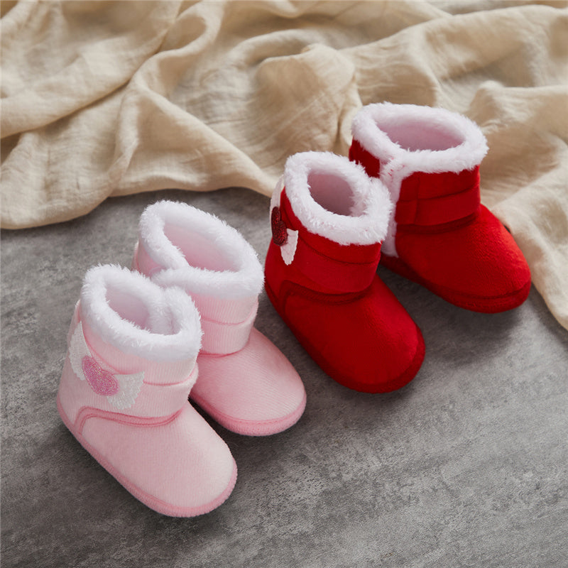 Suefunskry Newborn Baby Winter Snow Boots Contrast Color Ankle Boots Warm Plush Heart Wings Baby Walking Shoes for Toddler 0-18M