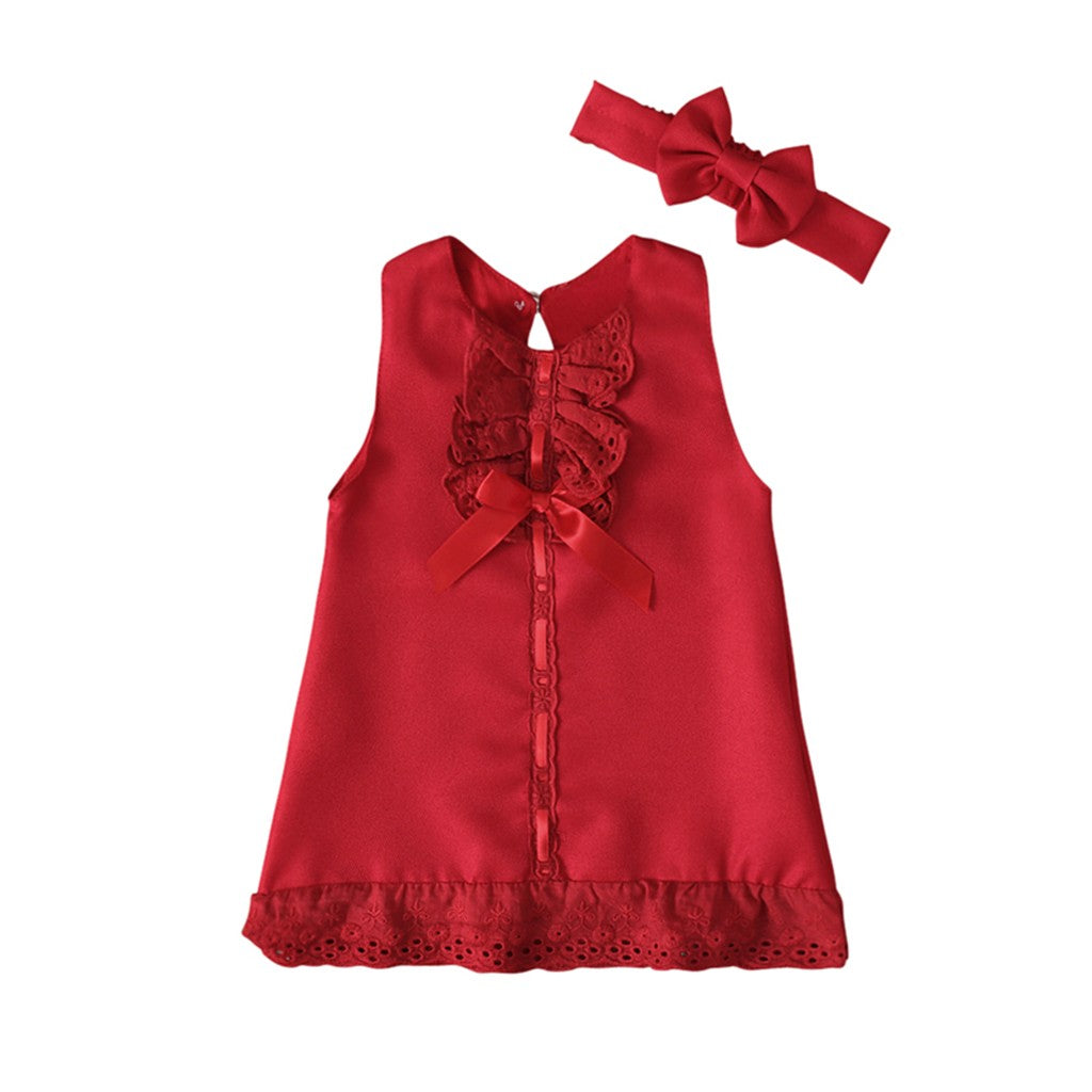 New Maxi Bow Dress+ headband Set Newborn Baby Girl Sleeveless Outfit Bowknot Ruffle Red Clothes Baby Summer Dresses For Girls