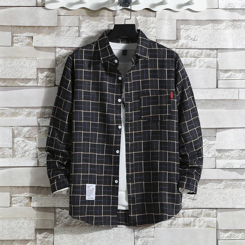 Spring New Korean Style Plaid Shirts Men's Handsome Long-sleeved Loose Casual All-matching Shirt Coats 2025 Trend Men's Clothing