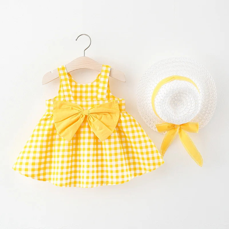 New In Summer Baby Girl Clothes Korean Cute Bow Dot Sleeveless Cotton Princess Dress+ Sunhat Toddler Dresses Sets BC007-1
