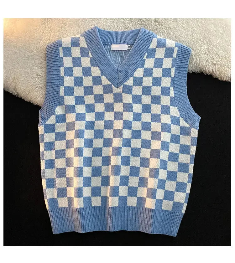 Men's Checkerboard Plaid V-neck Knitted Vest Female Spring Autumn Loose Couple Sweater Coat Sleeveless Vests Casual Tops