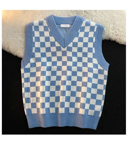 Men's Checkerboard Plaid V-neck Knitted Vest Female Spring Autumn Loose Couple Sweater Coat Sleeveless Vests Casual Tops
