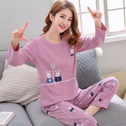 Autumn Thin 2pieces Pyjamas Set Women 2025 Cotton Round Neck Girls Bear Pajamas Sets Teacup Cat Full Sleepwear Tops Pajama Mujer