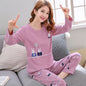 Autumn Thin 2pieces Pyjamas Set Women 2025 Cotton Round Neck Girls Bear Pajamas Sets Teacup Cat Full Sleepwear Tops Pajama Mujer