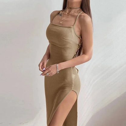 Sexy Black Long Bodycon Dress Women Summer Sleeveless Backless Halter Neck Spaghetti Strap Dresses High Split Vespids