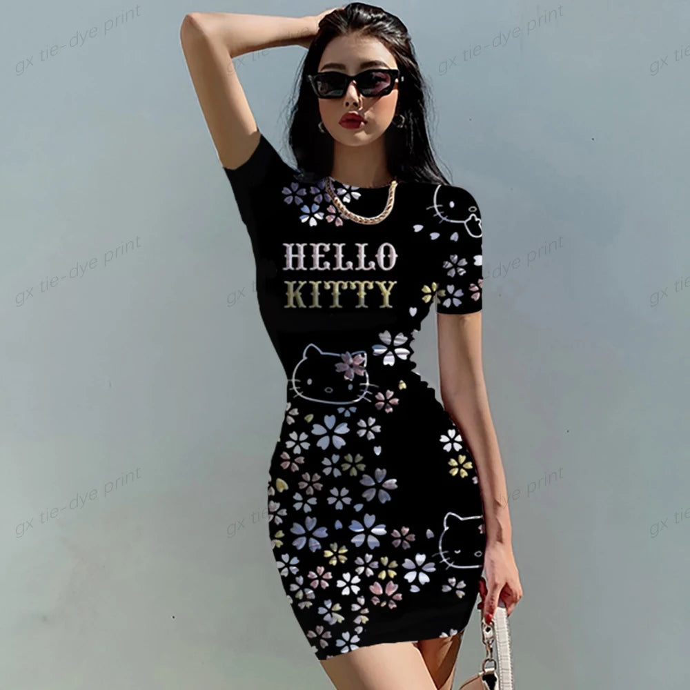 Short Sleeve Bodycon Mini Dress Women Sexy Party Club Evening Birthday Hello Kitty Print Dresses 2025 Spring Summer Wholesale