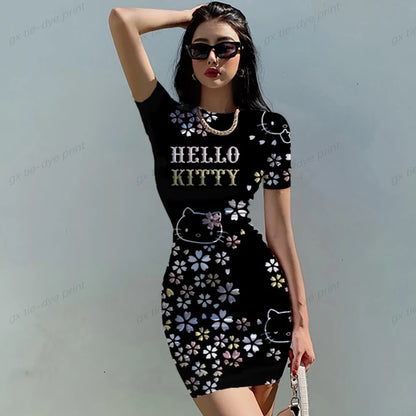 Short Sleeve Bodycon Mini Dress Women Sexy Party Club Evening Birthday Hello Kitty Print Dresses 2025 Spring Summer Wholesale
