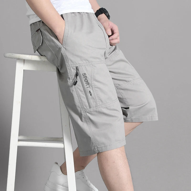 Men's Cargo Shorts Knee Pants Zipper Pocket Summer Cotton Shorts Climbing Jogger Elastic Waist Sports Wear