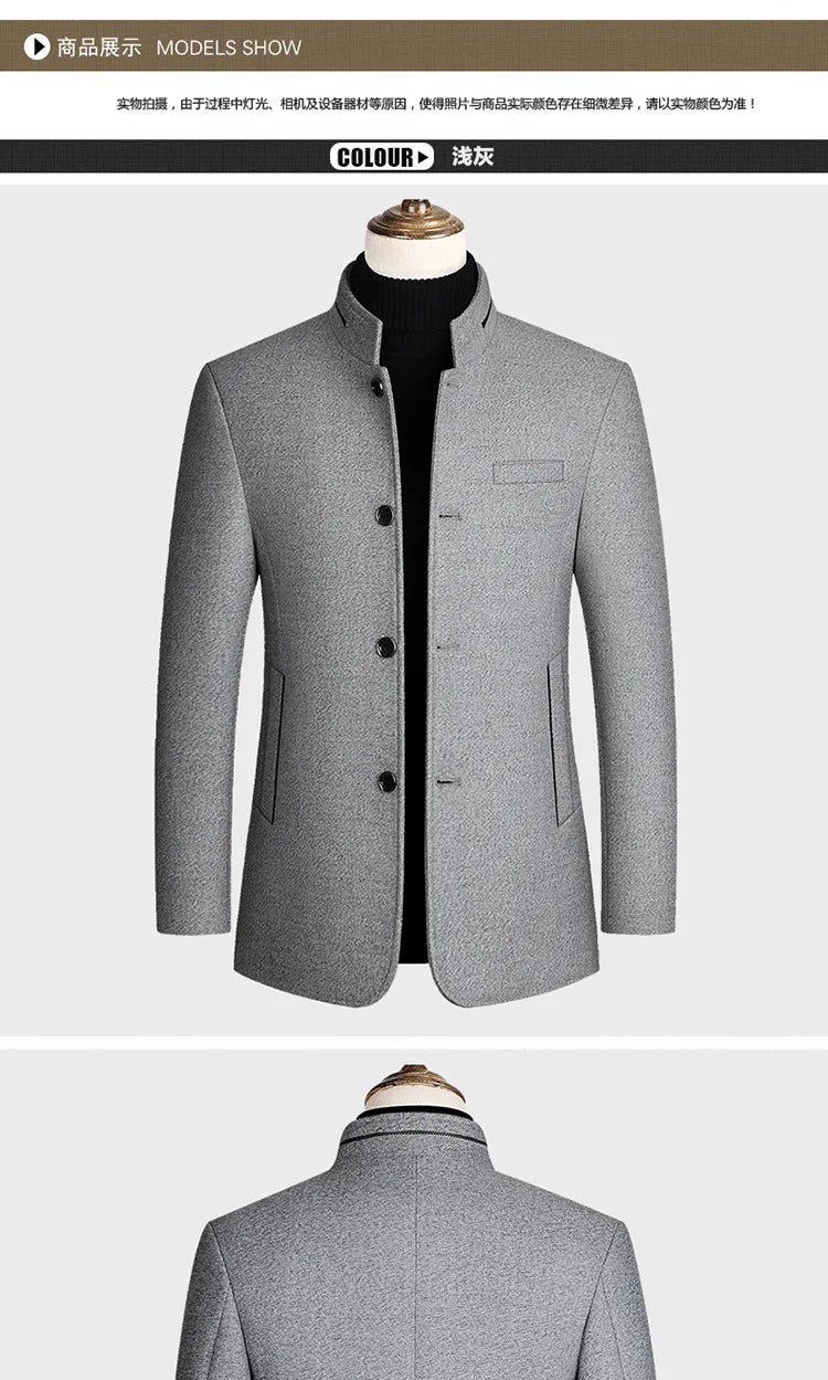 Men's Woolen Coat 2025 Autumn/Winter New Cotton Thickened Single Breasted Standing Collar Wool Blend Male Jacket