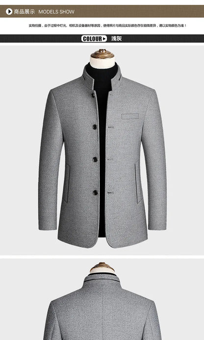 Men's Woolen Coat 2025 Autumn/Winter New Cotton Thickened Single Breasted Standing Collar Wool Blend Male Jacket