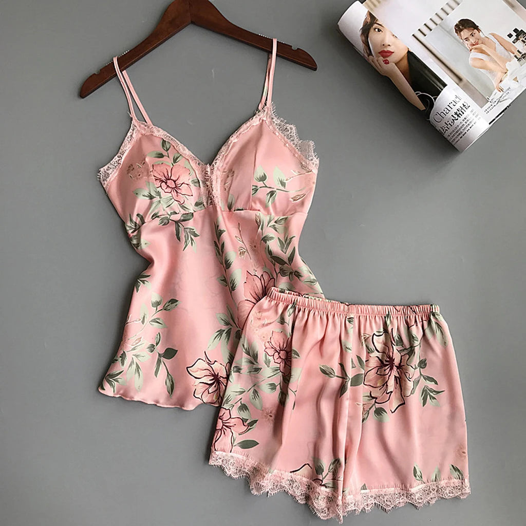 2pcs Floral Lingerie Set Women's Silk Satin Lace Vest Shorts Sleepwear Baby doll Lingerie Nightdress Pajamas Set