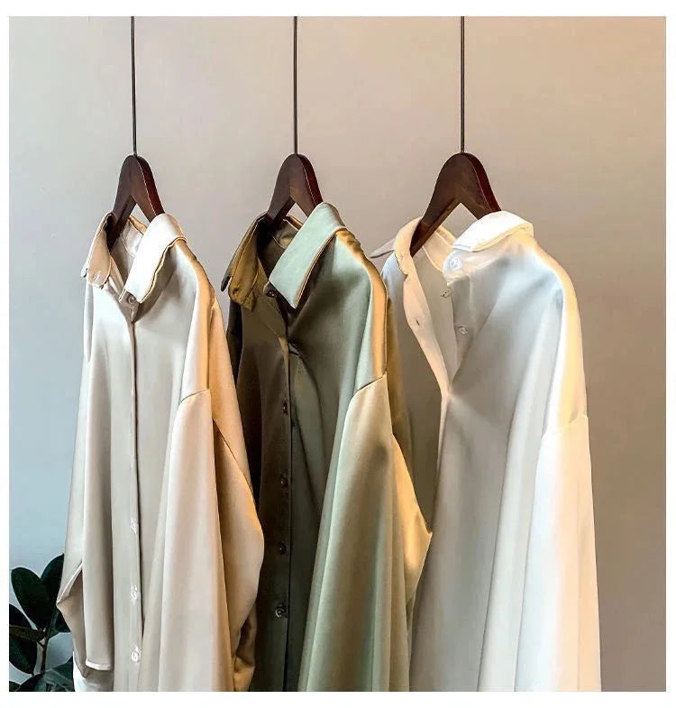 Spring Fashion Button Satin Silk Shirt Hong Kong Style Retro Shirt Women's White Top Women's Long sleeved Women's Loose Street