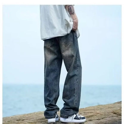 New Retro Washed Large Medium High Waist Men's Straight Blue Men's Trendy Denim Long Pants Men's Clothing Pantalon Homme Jean