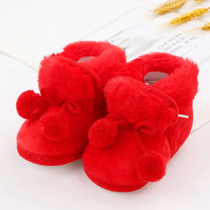 Winter Snow Baby Boots Faux Fur Warm Fluff Balls Indoor Cotton Soft Sole Infant Newborn Toddler Baby Shoes 0-18M