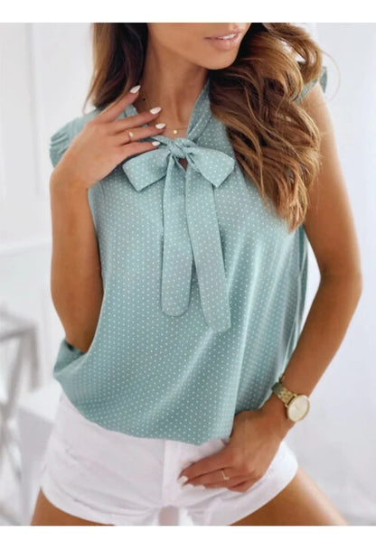 Summer Women Elegant Ruffles Sleeveless Polka Pot Lace Up Tie Bow Blouses and Shirts Casual Oversize Tops Sexy Pullover Tunic