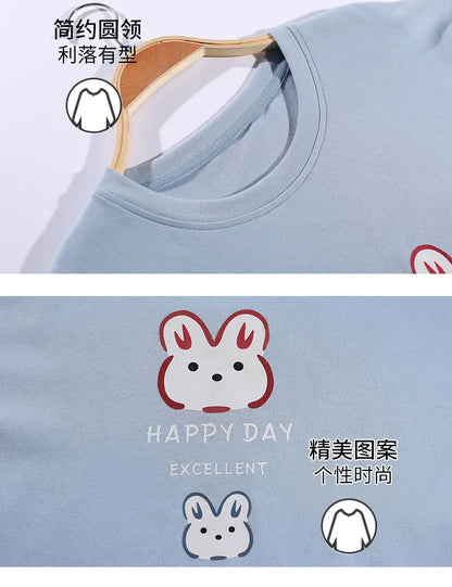 New Pajama Cartoon Cotton Pajamas for Women Summer Short Sleeved Long Pants Sleepwear Korean Fashion Rabbit Print Home Clothing