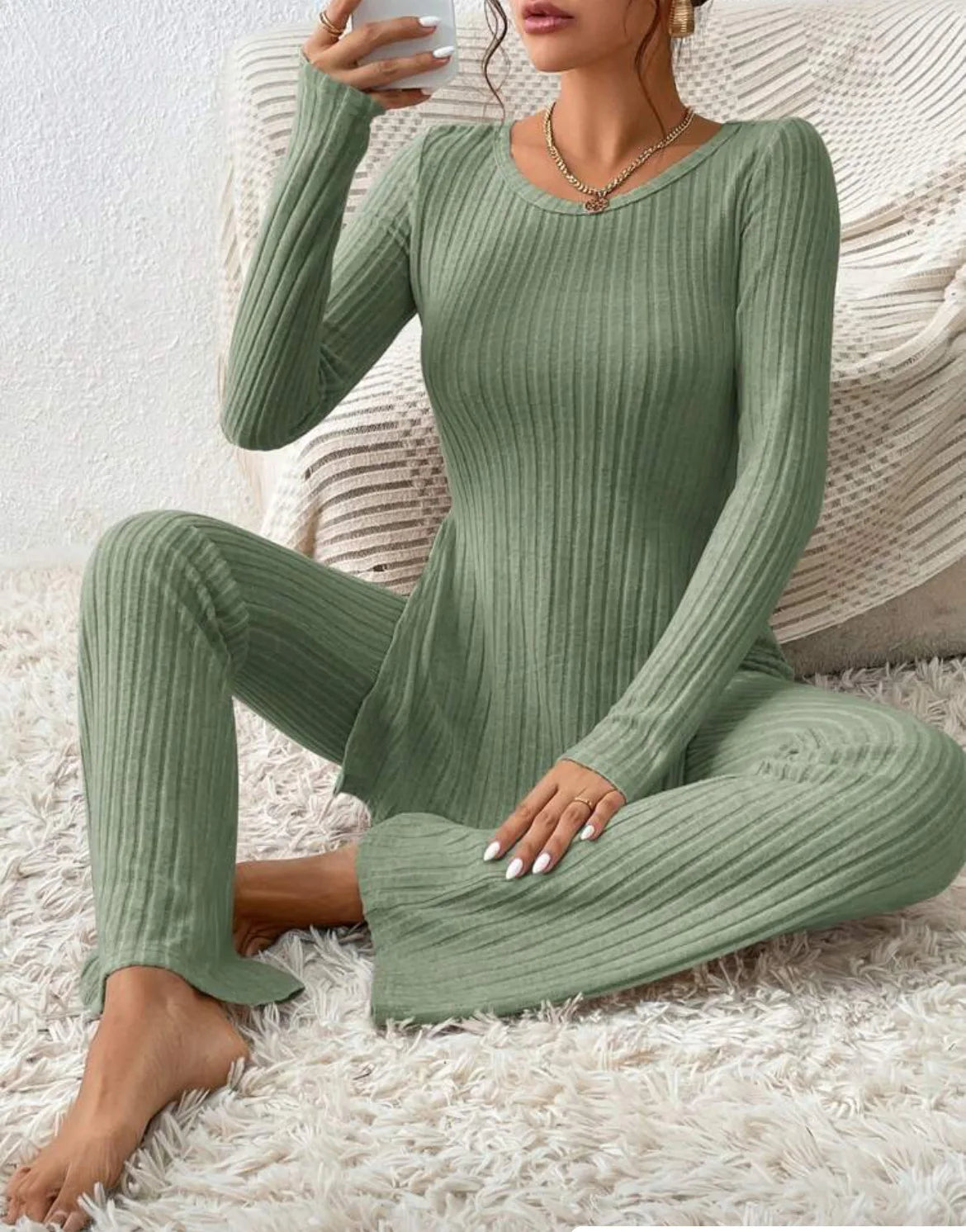 Autumn Winter Women's Clothing New Style Solid Color Sexy Casual Long Sleeved Round Neck Slit Fashion Temperament Two-piece Set