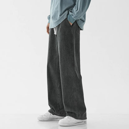 Spring Men Baggy Washed Jeans Drawstring Wide Leg Cargo Denim Pants Fashion Casual Trousers Male Designer Clothing Blue Black