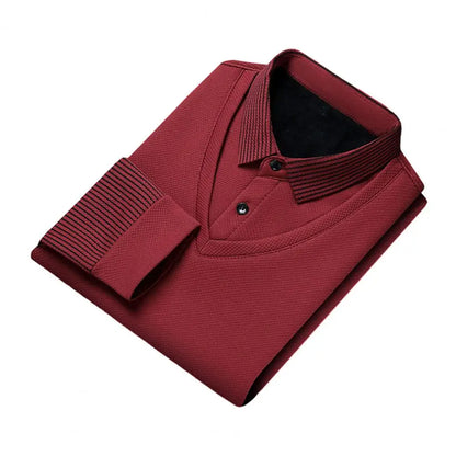 Shirt Collar Sweater Mid-aged Men's Formal Business Style Striped Sweater with Lapel Thick Plush Warm Knitted Pullover for Fall