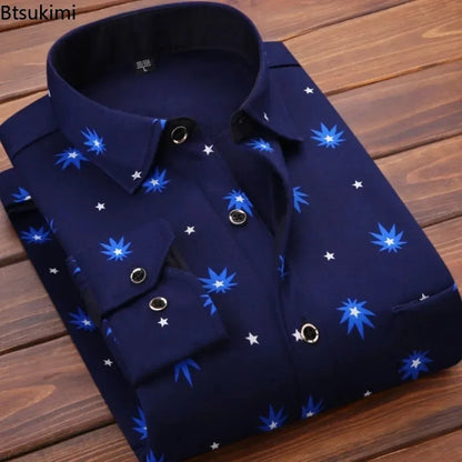 2025 Men's Autumn Winter Casual Fleece Plaid Shirt Fashion Soft Warm Turn Down Collar Long Sleeve Shirt Male High-Quality Tops