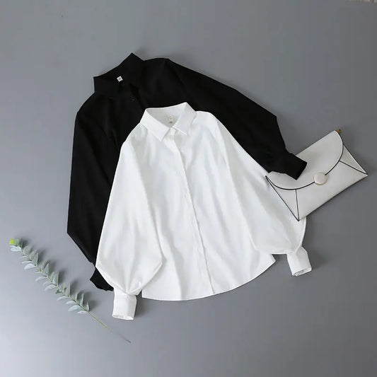 Lantern Sleeves Vintage Shirts Women Elegant White Women's Blouse with Lush Sleeves 2025 Fashion Button Up Shirt Black dropship