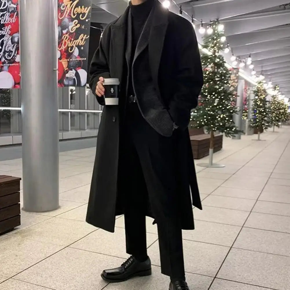 Korean Trend Men's Loose Casual Single-breasted Overcoat Autumn Winter Fashion New Long Sleeve Woolen Long Coat