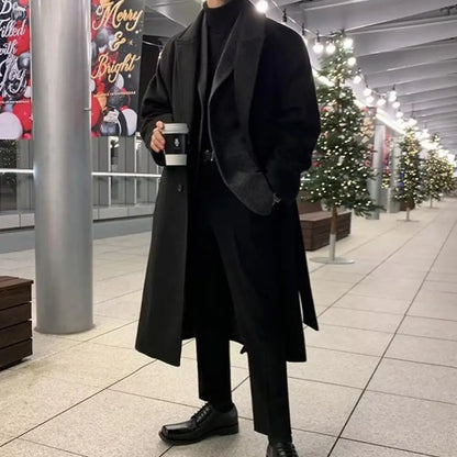 Korean Trend Men's Loose Casual Single-breasted Overcoat Autumn Winter Fashion New Long Sleeve Woolen Long Coat