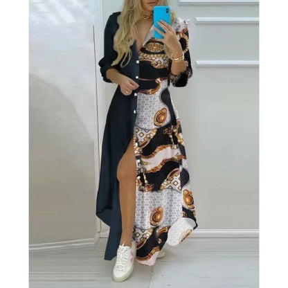 Women Boho Printed Long Shirts Dress Summer Turn-down Collar Long Sleeve Party Dress Female Casual Evening Maxi Dresses Vestidos