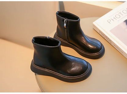 Autumn Winter Children's Boots Fashion Simple Style Girl's Ankle Boot Causal Versatile Black Kid Short Leather Boots Side Zipper