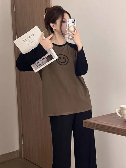 Women Spring Autumn Pajamas Set Female Solid Long-sleeved Pant Home Clothing Simple Loose Casual Smile Face Print Sleepwear XXL