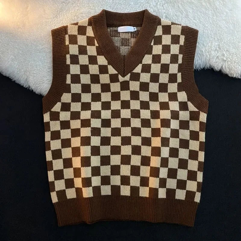 Men's Checkerboard Plaid V-neck Knitted Vest Female Spring Autumn Loose Couple Sweater Coat Sleeveless Vests Casual Tops