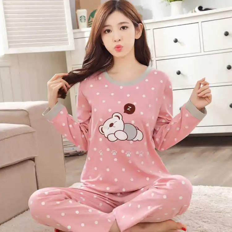 Autumn Thin 2pieces Pijamas Set Women 2025 Cartoon Round Neck Girls Pajamas Sets Honey Boof Full Sleepwear Clothes Sleep Tops