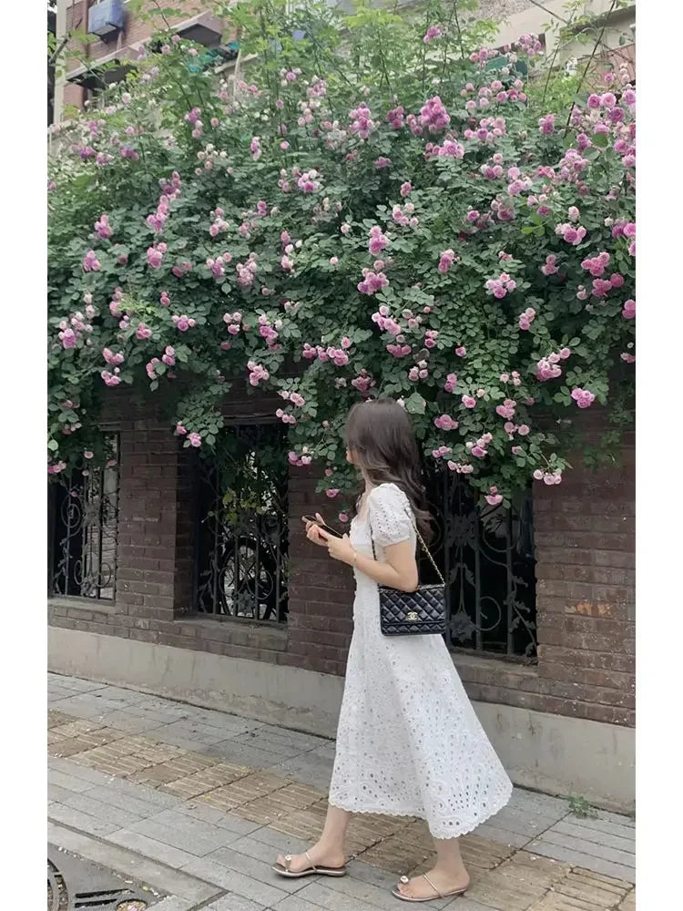 Summer Elegant Korean Chic White Midi Dress Women French Hollow Out Sexy Kawaii Vestidos De Fiesta Fashion Short Sleeve Dress