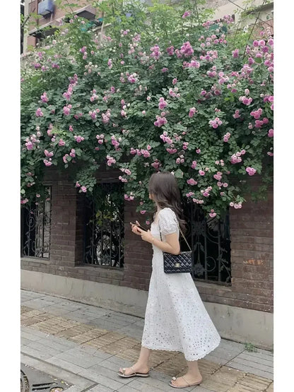 Summer Elegant Korean Chic White Midi Dress Women French Hollow Out Sexy Kawaii Vestidos De Fiesta Fashion Short Sleeve Dress