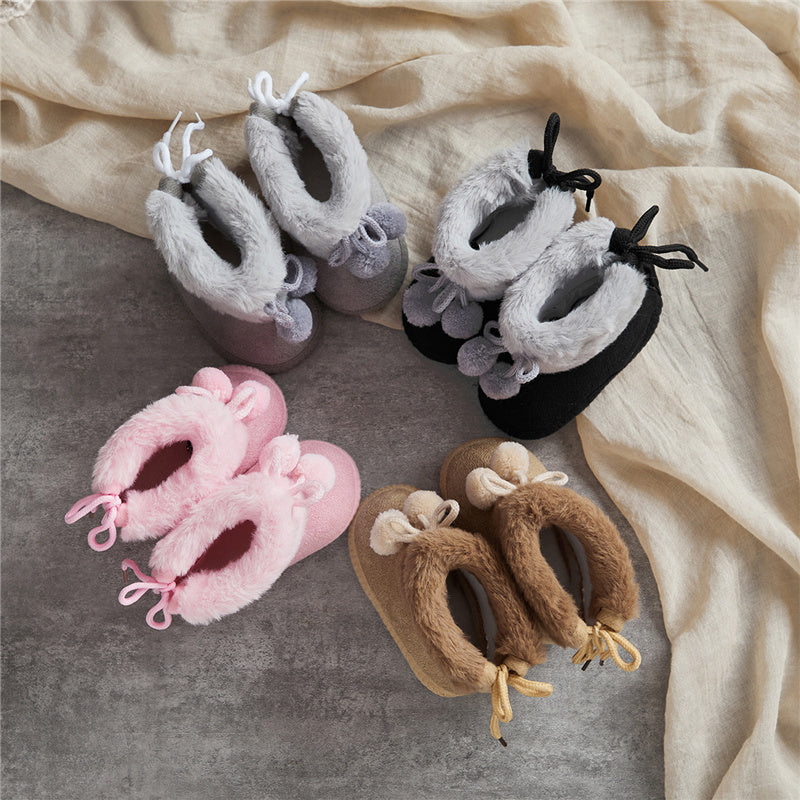 Suefunskry Toddler Baby Girls Boys Boots Winter Warm Soft Sole Fluffy Lace up Boots Cute Plush Pom Decoration Non Slip Shoes