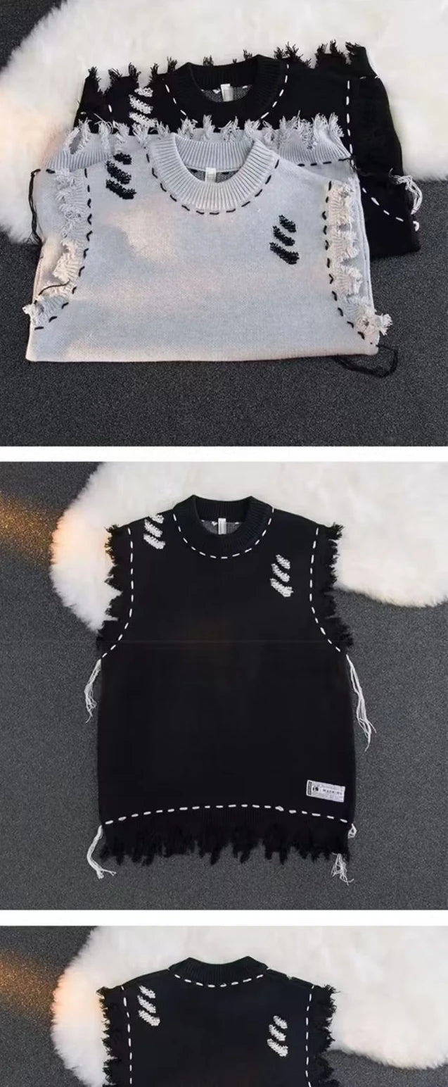 Sweater Vests Men Frayed Raw Edge Comfortable Sleeveless All-match Japanese Style Knitting Leisure Daily Chic Aesthetic Classic