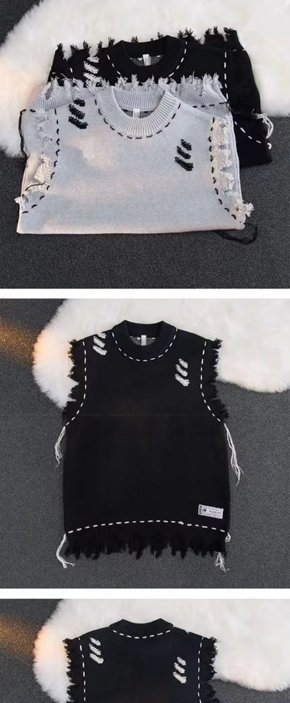 Sweater Vests Men Frayed Raw Edge Comfortable Sleeveless All-match Japanese Style Knitting Leisure Daily Chic Aesthetic Classic