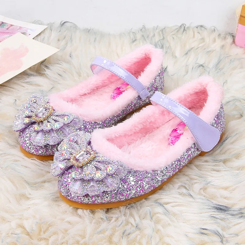 Disney Autumn Fashion Pearl Bow Rhinestone Frozen Elsa Princess Girl Shoes Flat Kids Princess Warm Winter Shoes Size 23-36