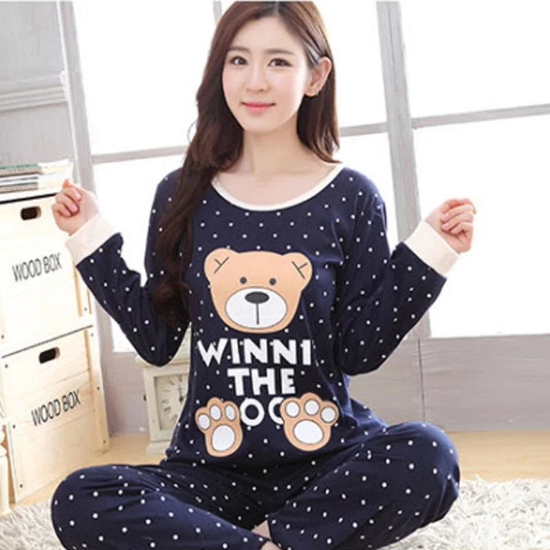 Autumn Thin 2pieces Pyjamas Set Women 2025 Cotton Round Neck Girls Bear Pajamas Sets Teacup Cat Full Sleepwear Tops Pajama Mujer