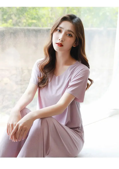 Female Home Clothes 2 Pieces Set Lady Home Suit Summer Women Lounge Wear Autumn Loose Home wear Suit for Women Pajamas Pants Set