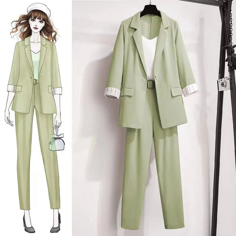 2025 spring new plus size Korean elegant women's suit female blazer leisure pants Tweed suit jacket three piece jacket pants set