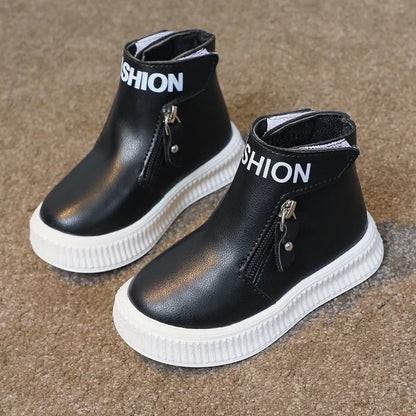 Children Fashion Boots Side Zipper Round-toe Kids Sport Boots Classic Solid Color Non-slip Boys Girls Leather Boots 2025 New